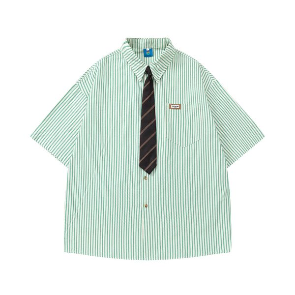 Gababa [High Demand] Unisex Vertical Stripe Collar Short-Sleeve Shirt G77167