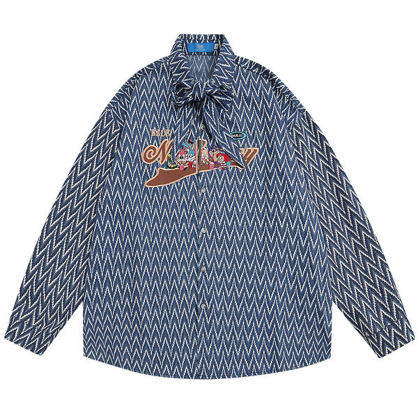 Gababa Unisex Wavy Stripe Oversized Long Sleeve Shirt with Tie Neck G78136 (Plus Size M~XL)