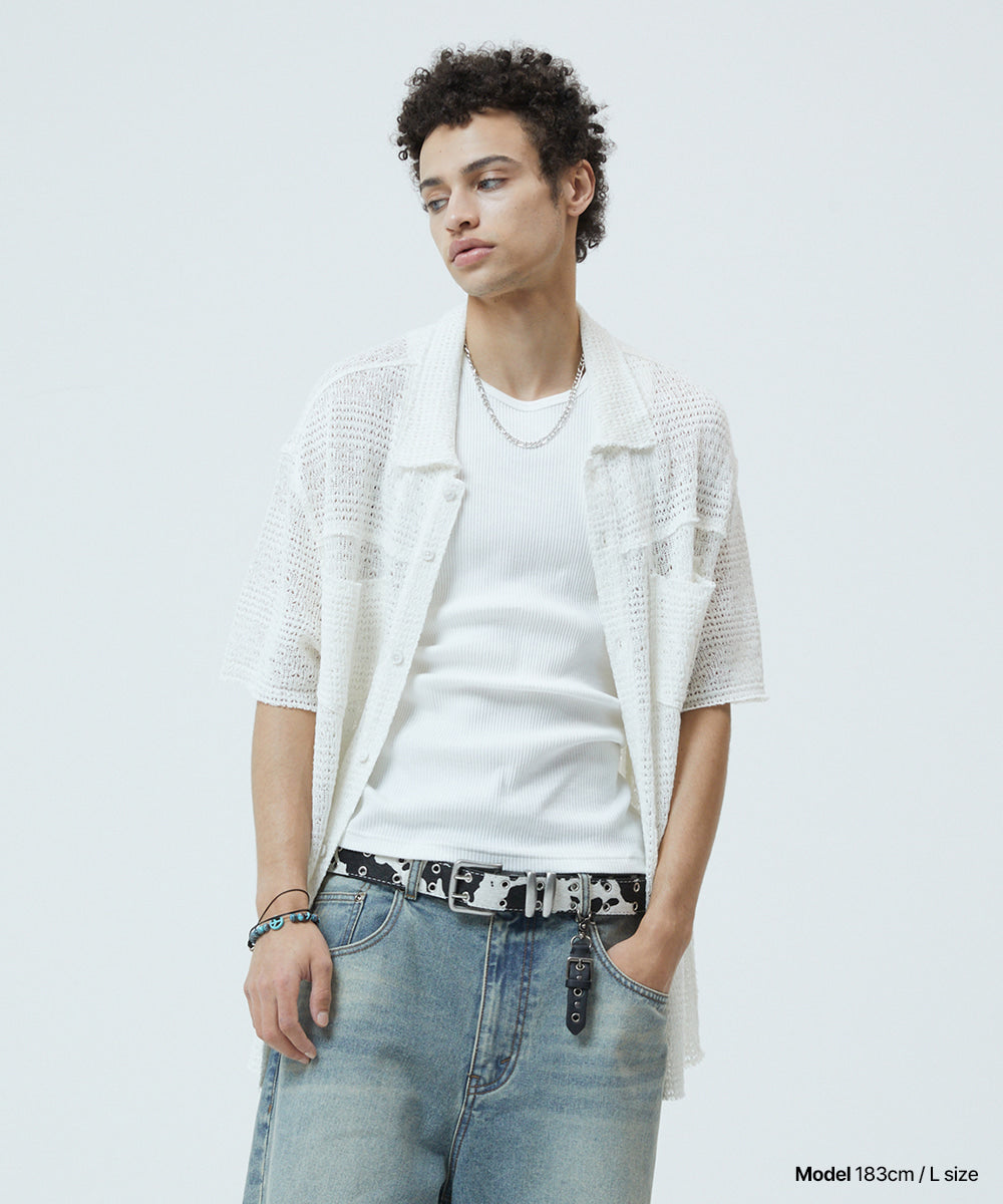 MAHAGRID RAW CUT KNIT HALF SHIRT [BLACK]