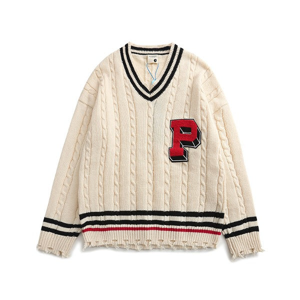 Gababa Unisex P Lettering V-neck Overfit Long Sleeve Sweater G77466 (Plus Size M~2XL)