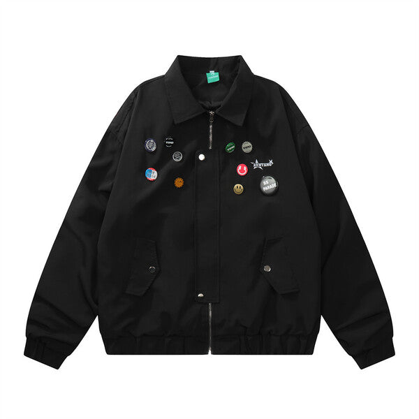 Gababa Unisex Overfit Collar Zip-up Jacket with Cute Badge G77714 (Plus Size M~XL)