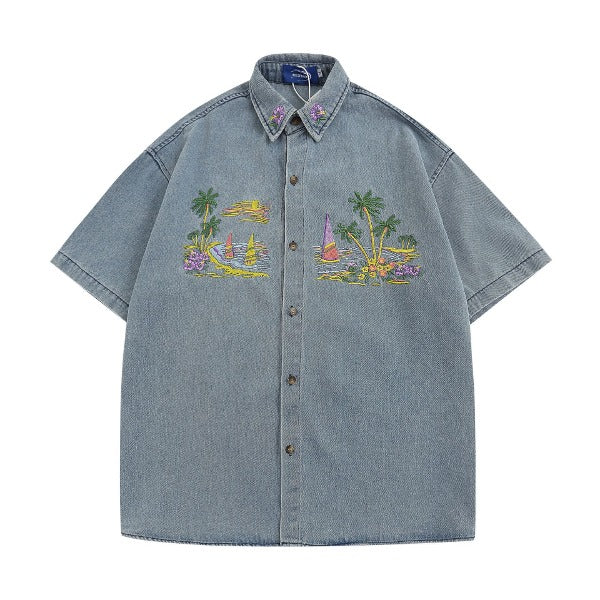 Gababa Shirt Coconut Denim Oversized Collar Short Sleeve Shirt G74830 (Plus Size M~XL)