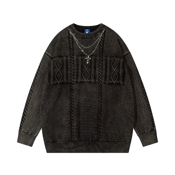 Gababa Unisex Cross Pendant Hip Hip Round Neck Oversized Long Sleeve Knit G78219 (Plus Size S ~ XL)