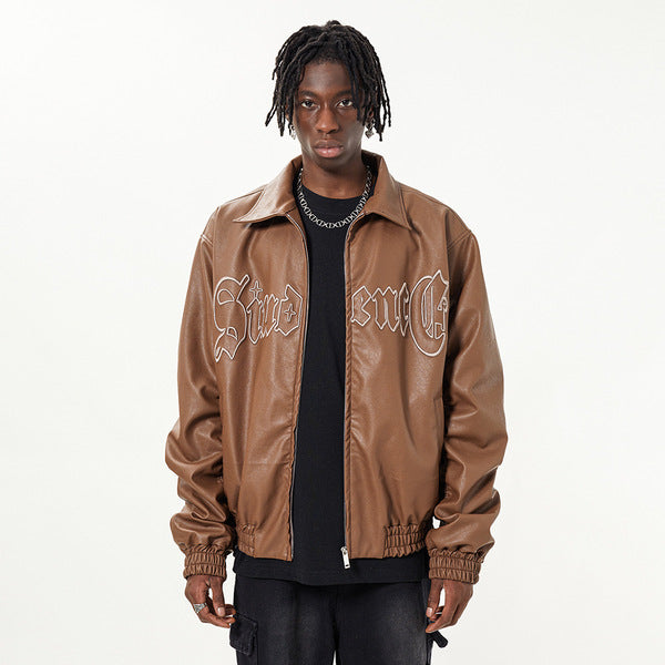 Gababa Unisex Collar Leather Jacket with Large Lettering G77804