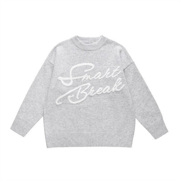 Gababa Unisex Simple Cursive Diagonal Embroidery Lettering Round Neck Long Sleeve Sweater G78244 (Plus Size S ~ XL)