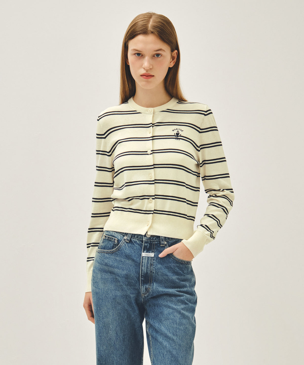 MARITHE W STRIPE KNIT CARDIGAN ivory