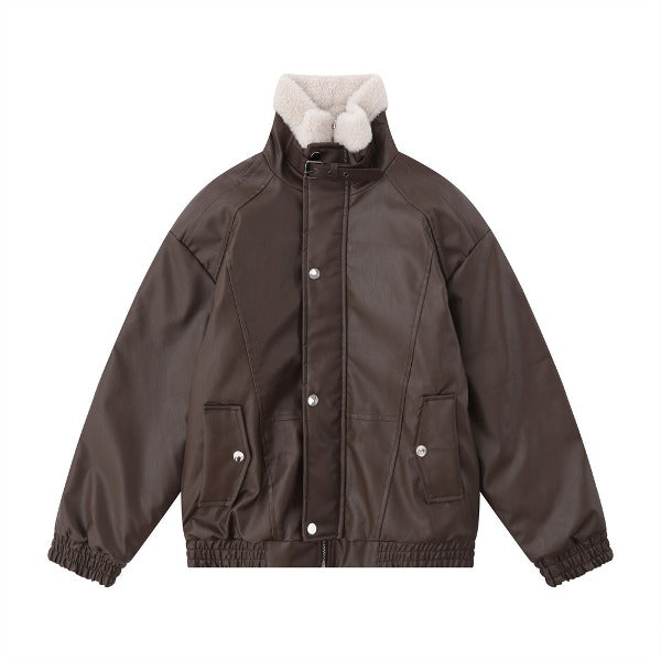 Gababa [High Demand] Unisex Chic Leather Jacket with Neck Belt Detail G78080
