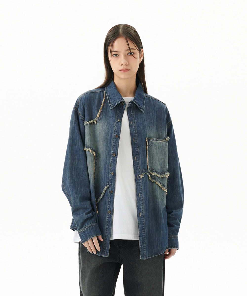 MAHAGRID STAR RAW CUT DENIM SHIRT[BLUE]