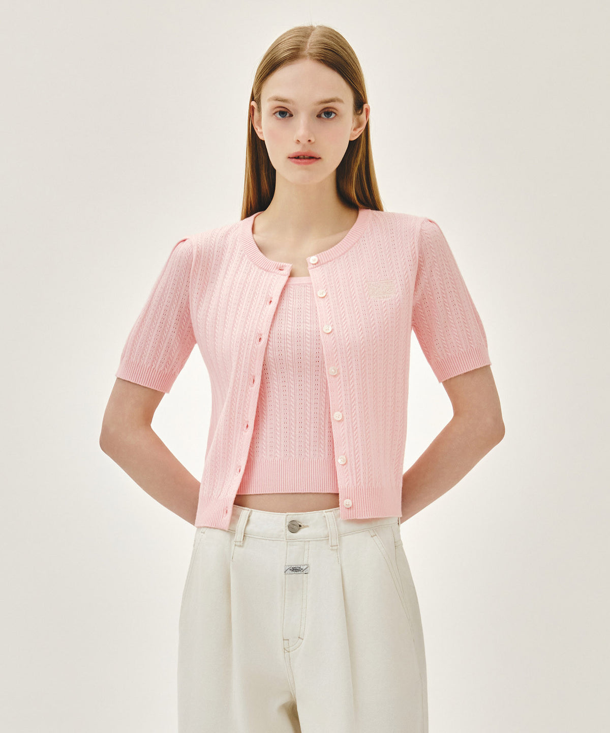 MARITHE W SMALL CLASSIC LOGO HALF KNIT CARDIGAN SET UP light pink