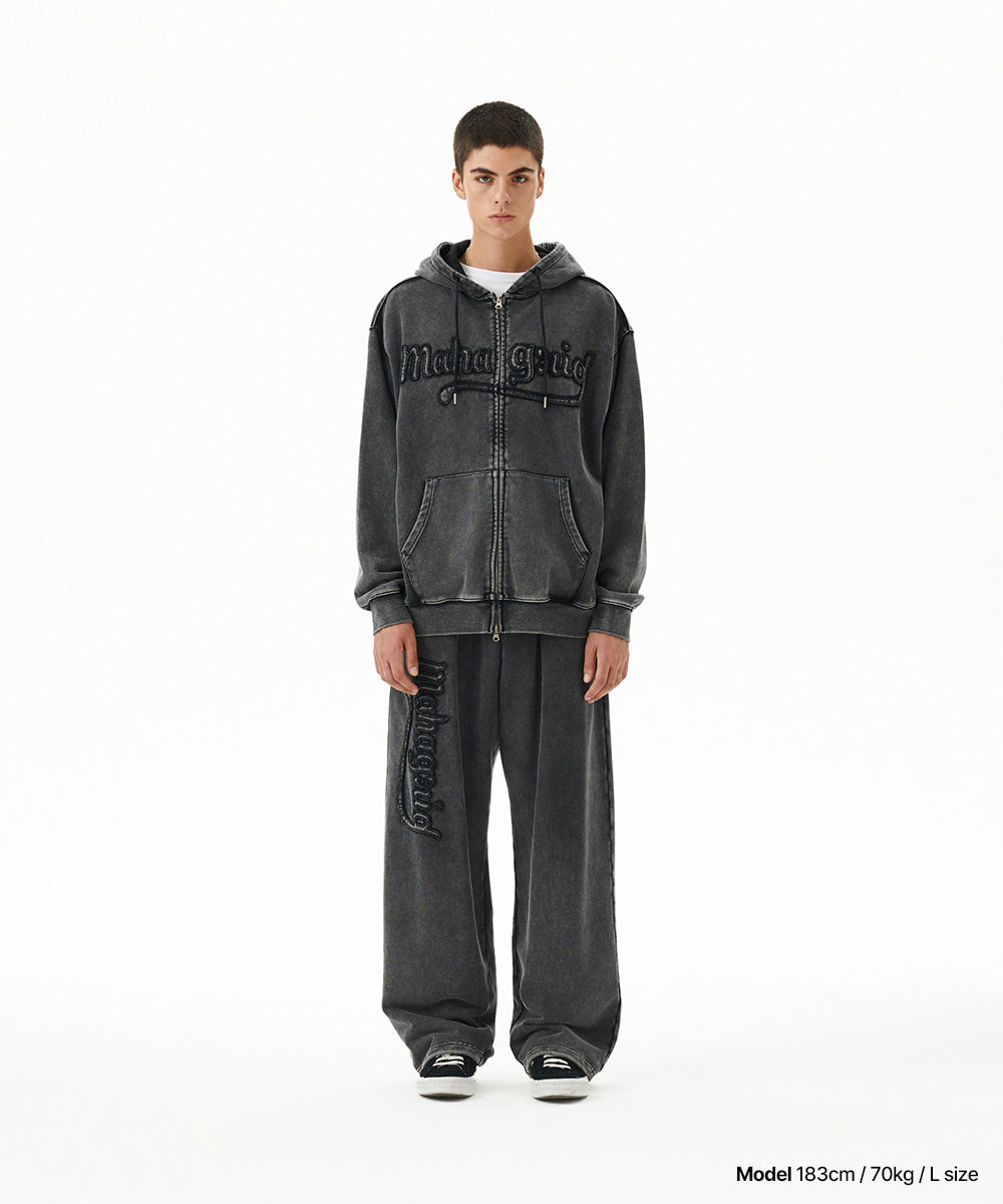 MAHAGRID WASHED CUT OFF APPLIQUE SWEAT PANT [BLACK]