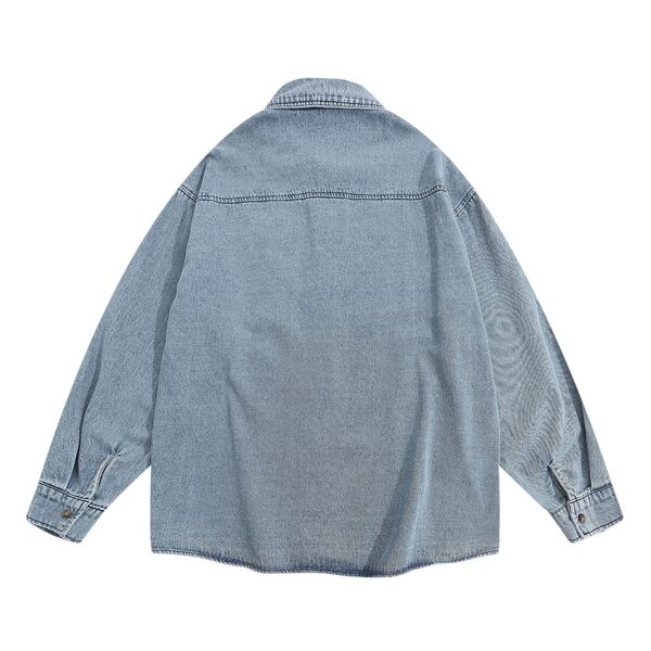 Gababa Unisex Flower Point Medium Blue Over-fit Denim Long Sleeve Shirt G77516 (Plus Size M~XL)
