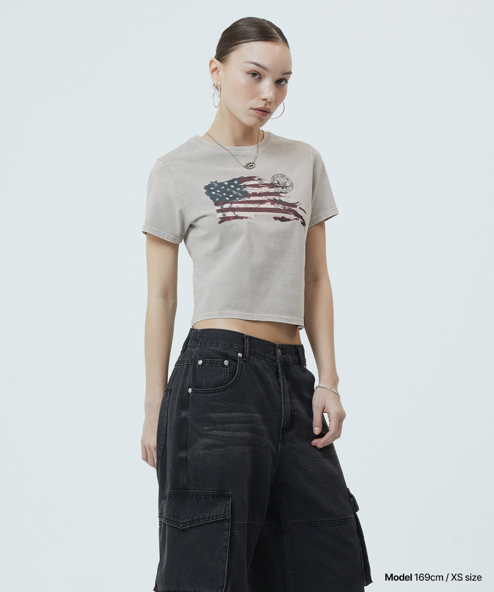 MAHAGRID WASHED FLAG CROP TEE[BEIGE]