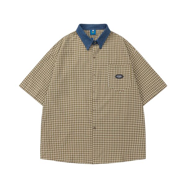 Gababa Unisex Checkered Denim Short-Sleeve Collar Shirt G77202