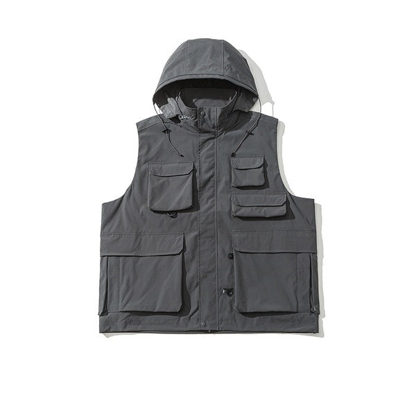 Gababa Unisex Hat String Oversized Sleeveless Hoodie Zip-up G77626 (Plus Size M~XL)