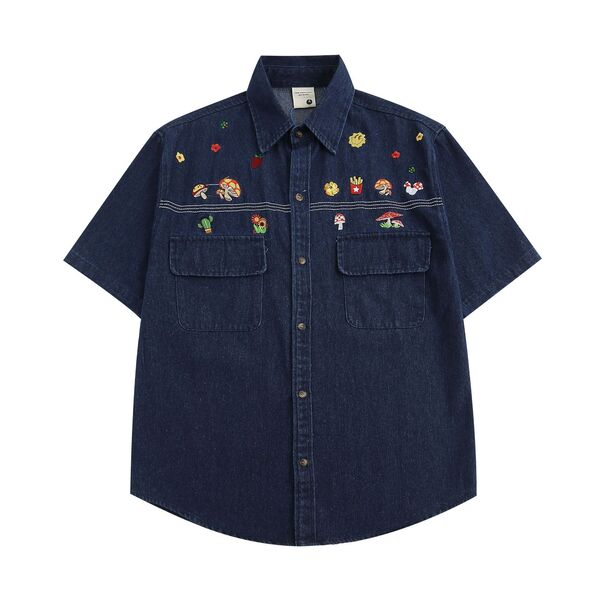 Gababa [No Margin Special/Best Seller] Unisex Cute Embroidered Logo Denim Collar Short Sleeve Shirt G74832 (Plus Size M~XL) (Spring/Summer Couple Look Special Discount)
