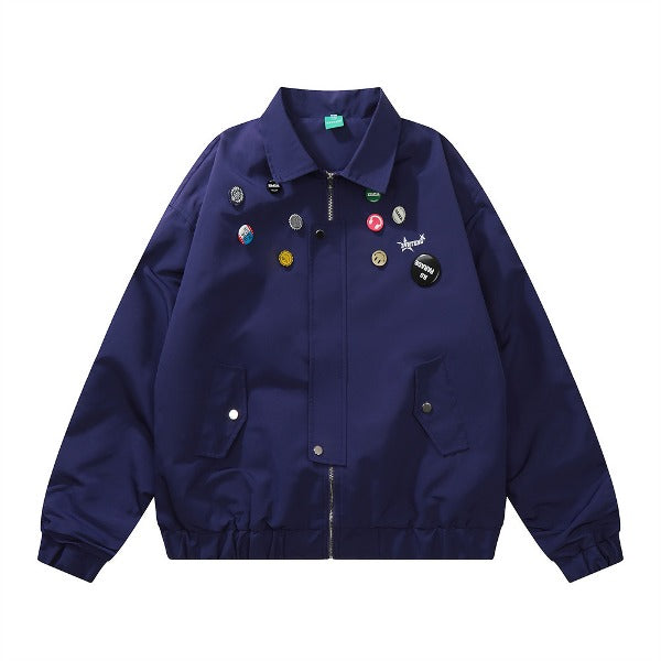 Gababa Unisex Overfit Collar Zip-up Jacket with Cute Badge G77714 (Plus Size M~XL)