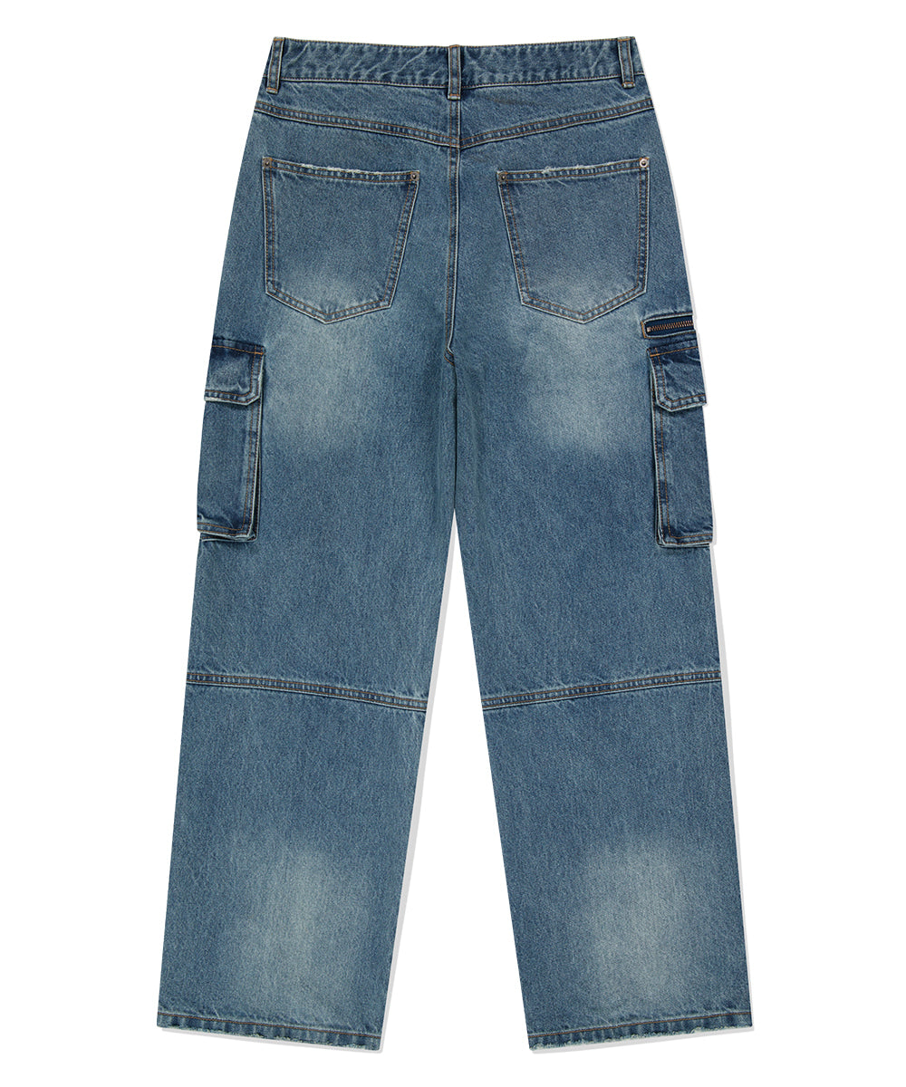 MAHAGRID WASHED ZIP CARGO DENIM PANT [BLUE]