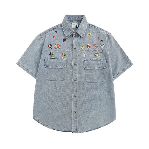 Gababa [No Margin Special/Best Seller] Unisex Cute Embroidered Logo Denim Collar Short Sleeve Shirt G74832 (Plus Size M~XL) (Spring/Summer Couple Look Special Discount)