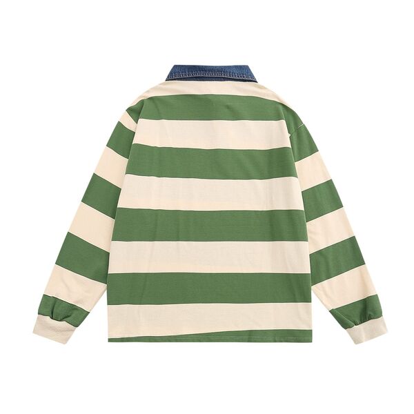 Gababa Unisex Striped Oversized Denim Collar Long Sleeve T-shirt G77433 (Plus Size M~XL)