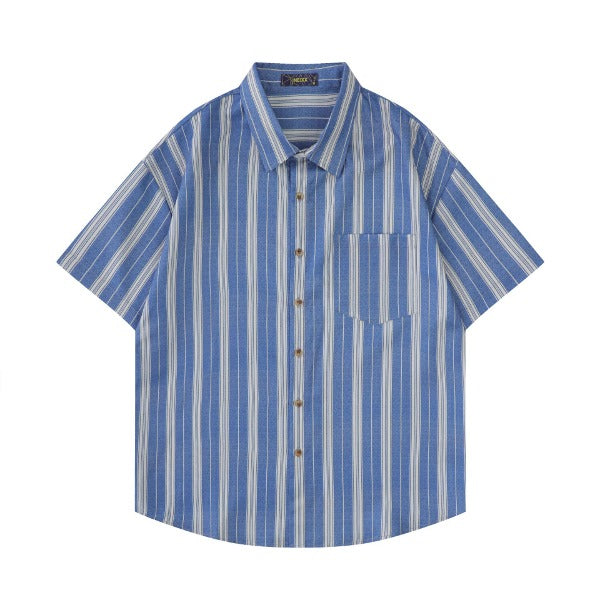 Gababa Unisex Blue Stripe Oversized Collar Short-Sleeve Shirt G76901 (Plus Size M~2XL)