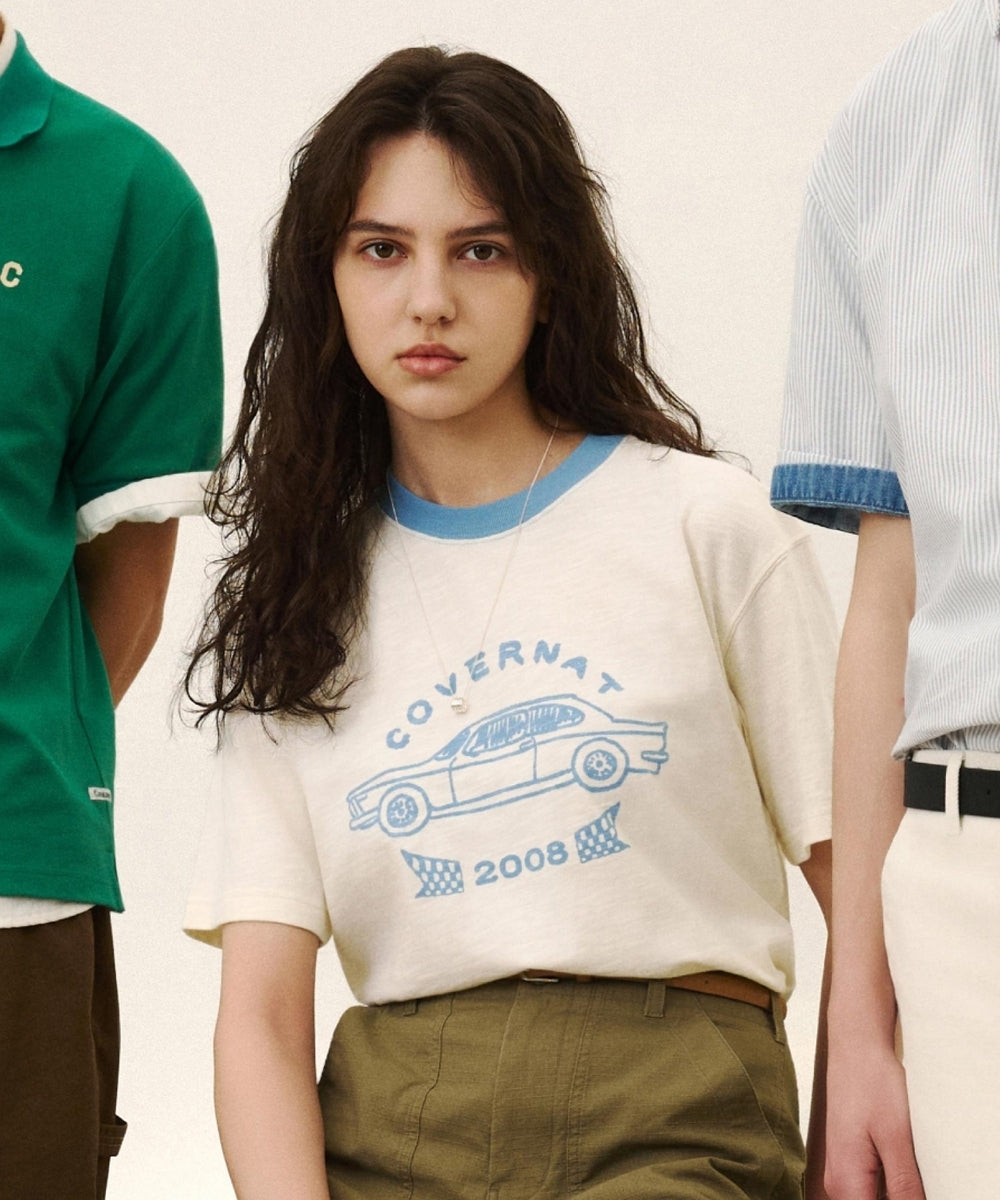 Covernat Slub Vintage Car Graphic T-shirt Ivory