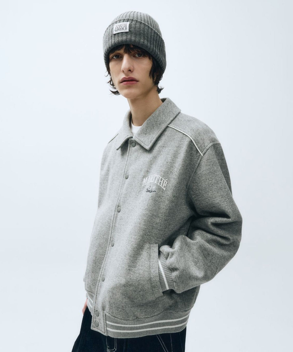 MARITHE WOOL PIPING VARSITY JACKET heather gray