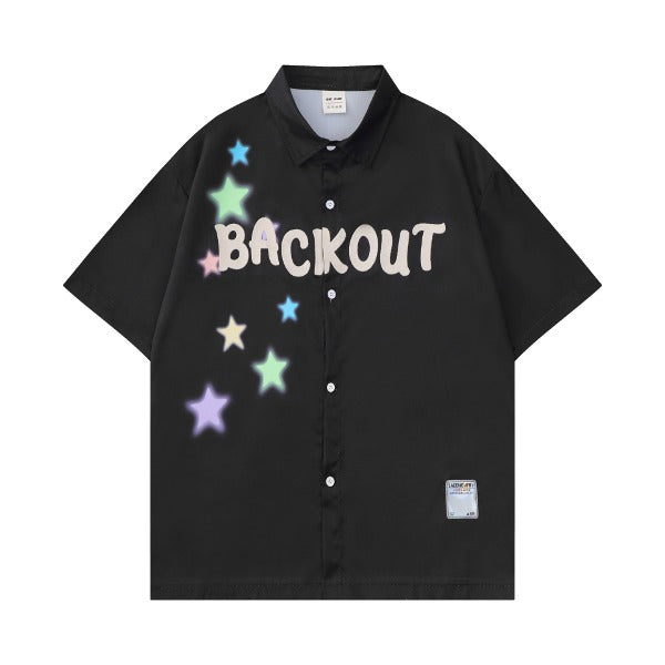 Gababa Unisex Backout Fluorescent Star Embro Oversized Collar Short-Sleeve Shirt G76845
