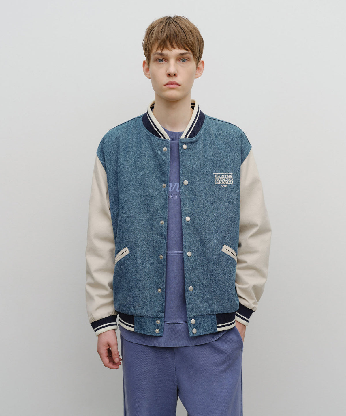 MARITHE CLASS LOGO EMBROIDERY DENIM VARSITY JACKET light blue
