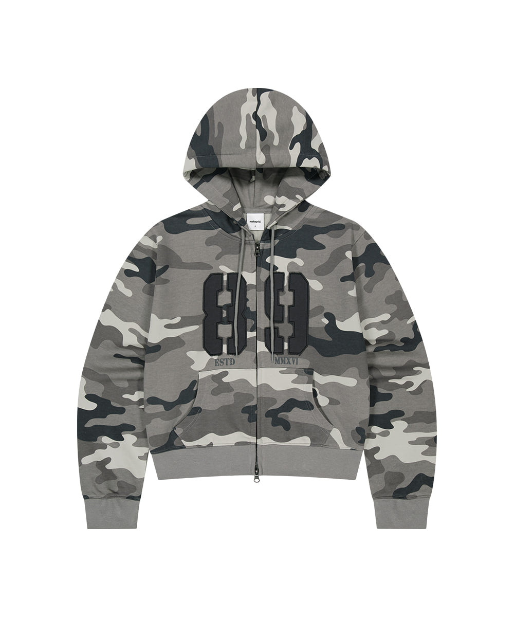 MAHAGRID CAMO APPLIQUE CROP ZIP UP HOODIE [GREY]