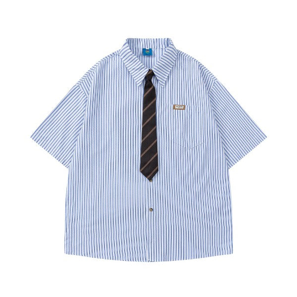 Gababa [High Demand] Unisex Vertical Stripe Collar Short-Sleeve Shirt G77167