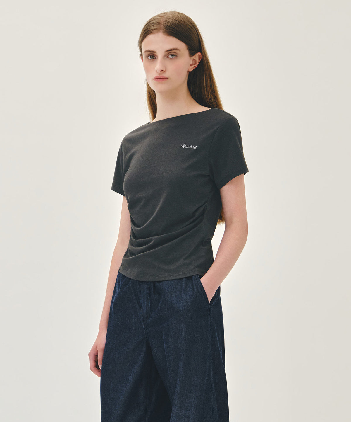 MARITHE W WAIST SHIRRING TEE charcoal