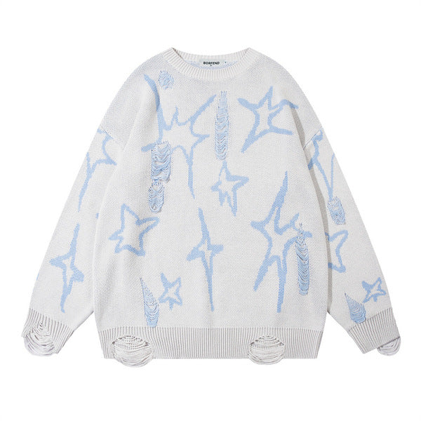 Gababa [Best Seller] Unisex Star Point Overfit Round Neck Long Sleeve Knit G78179 (Plus Size S~2XL)