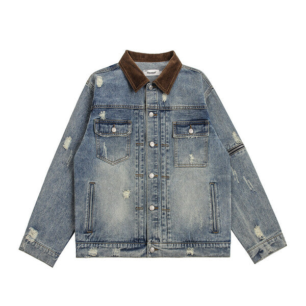 Gababa Unisex Daily Denim Jacket with Corduroy Collar Point G77857