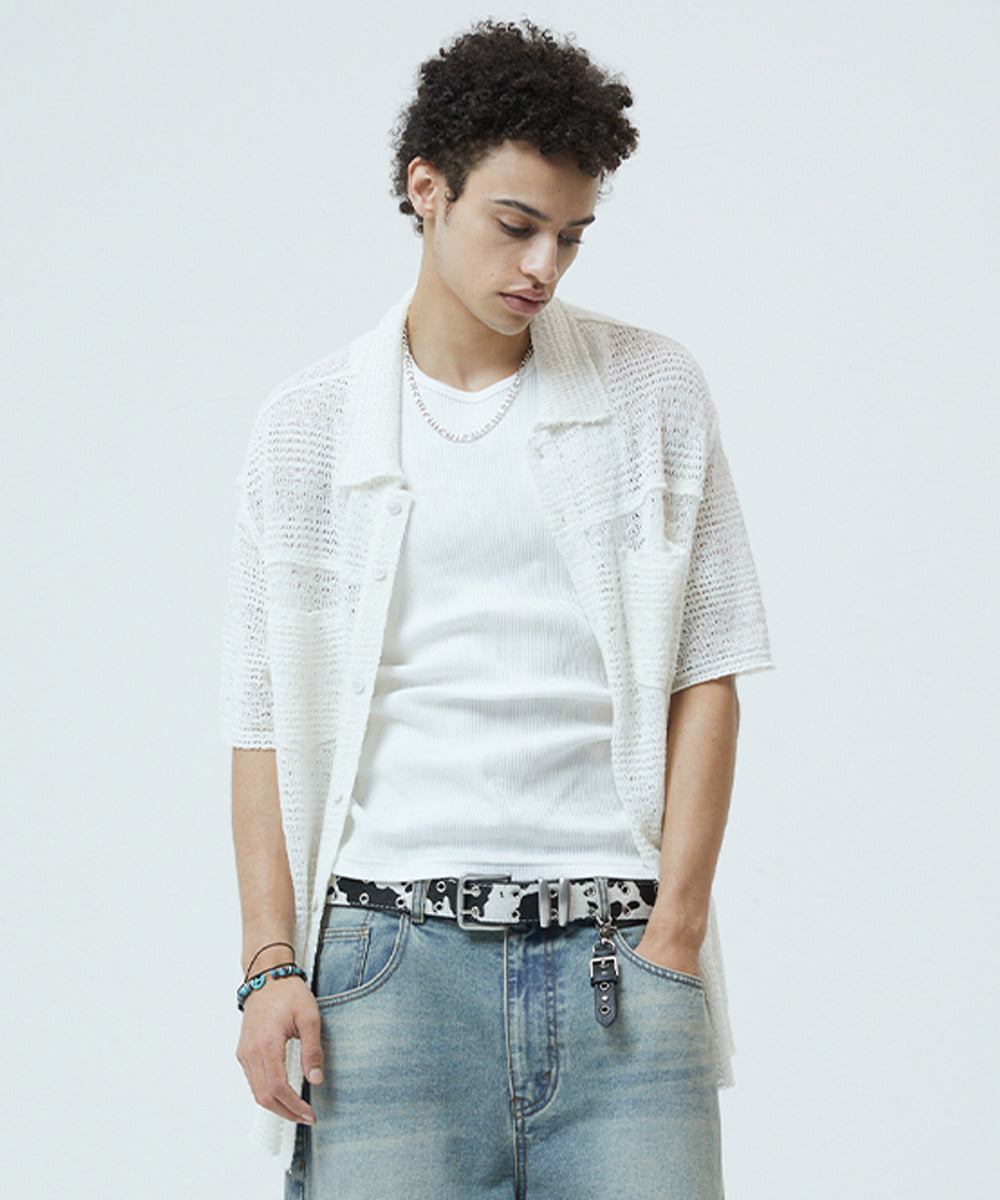 MAHAGRID RAW CUT KNIT HALF SHIRT [IVORY]