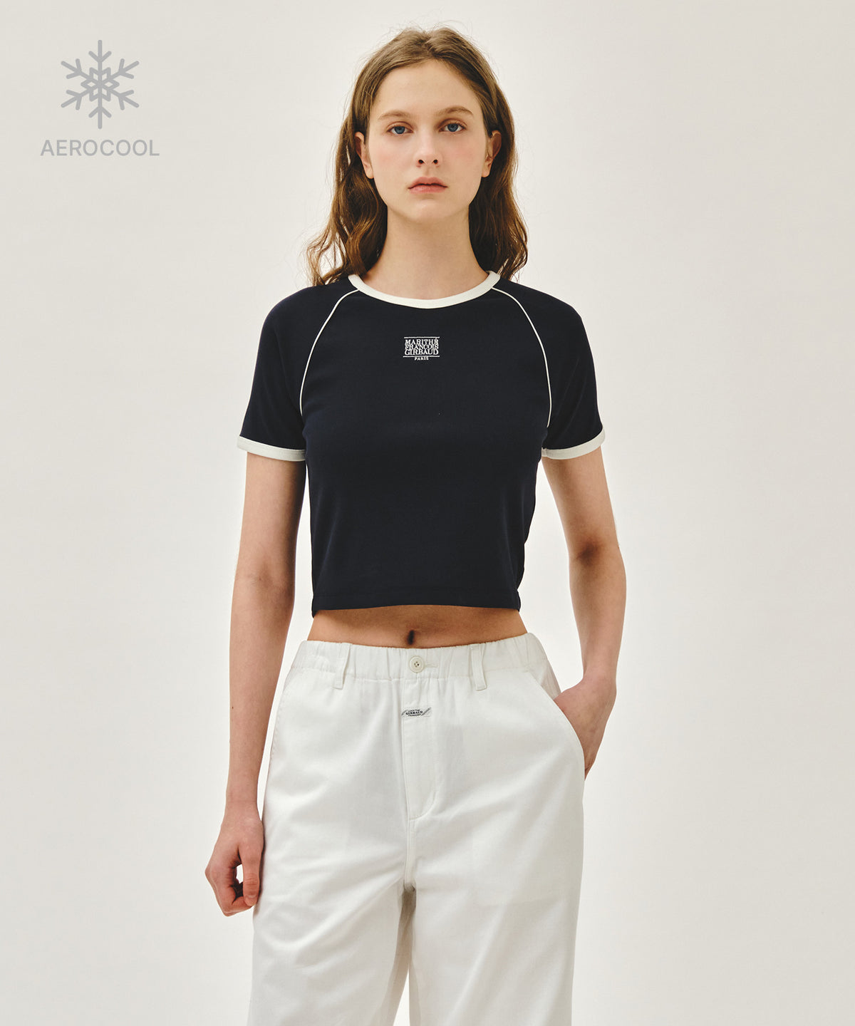 MARITHE WEROCOOL SMALL CLASSIC LOGO RINGER SLIM CROP TEE navy