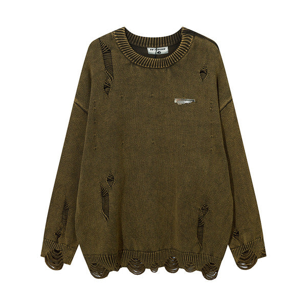 Gababa Unisex Distressed Round Neck Oversized Long Sleeve Sweater G77734 (Plus Size M~2XL)