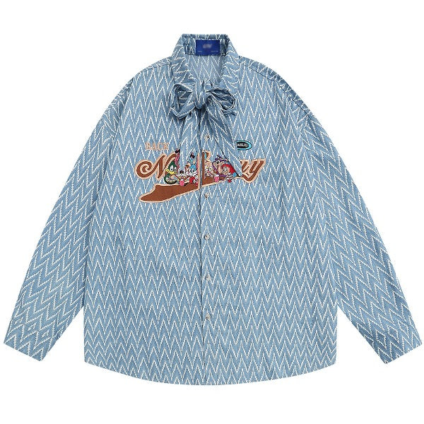 Gababa Unisex Wavy Stripe Oversized Long Sleeve Shirt with Tie Neck G78136 (Plus Size M~XL)