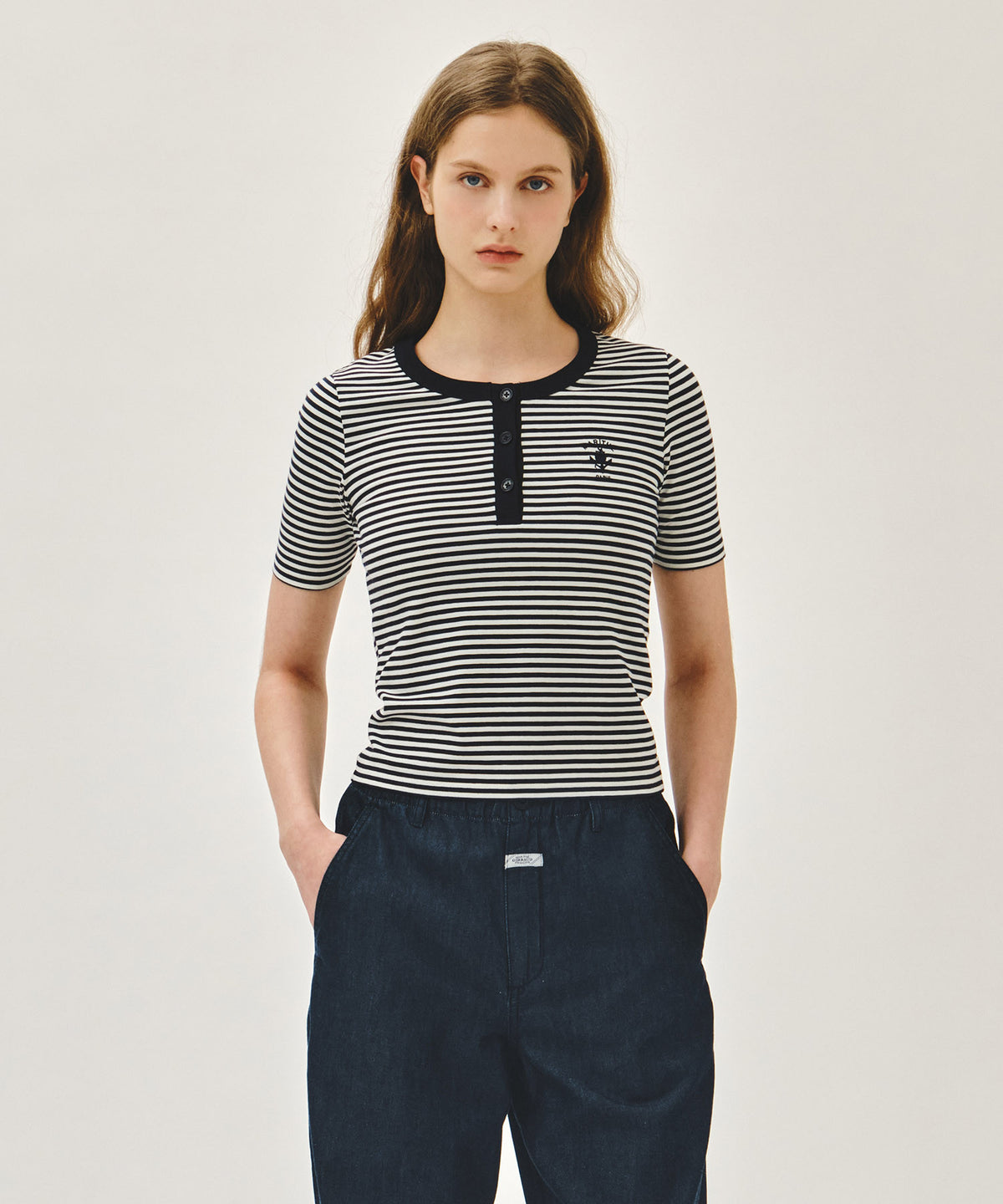 MARITHE W STRIPE HENLEY NECK TEE navy