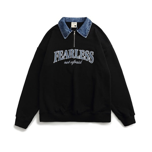 Gababa [Best Seller] Unisex FEARLESS Point Oversized Denim Collar Long Sleeve T-Shirt G77504 (Plus Size M~2XL)