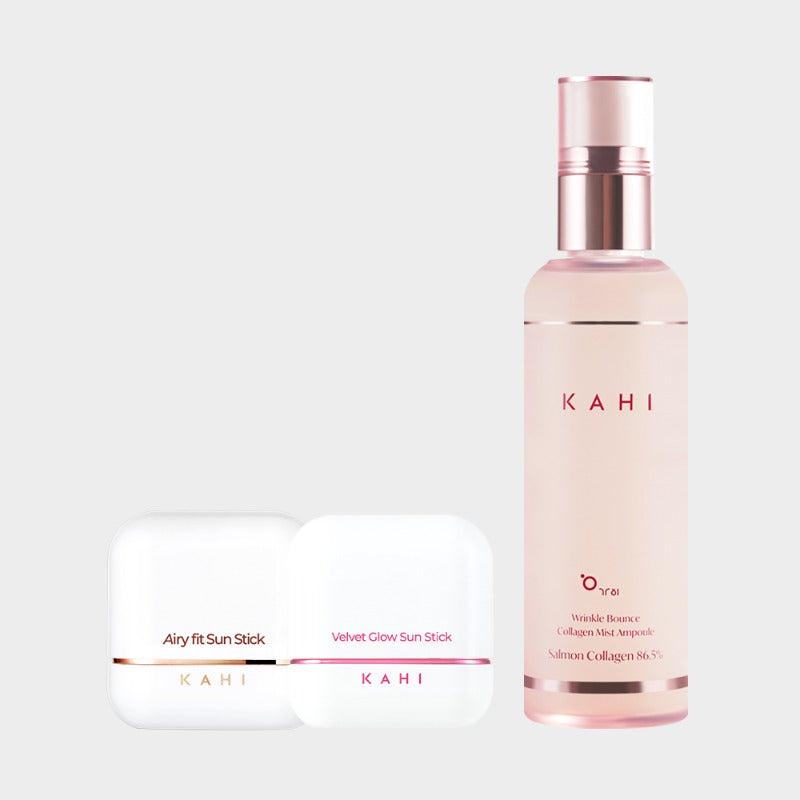 KAHI Airy Fit Sun Stick 14g SPF50+ + Velvet Glow Sun Stick 13.5g SPF50+ + Collagen Mist 120ml 3-piece Set