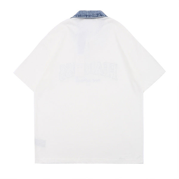 Gababa [Same Shipping/Best Seller] Unisex Denim Collar Point Zip-up Overfit Short Sleeve T-shirt G77220