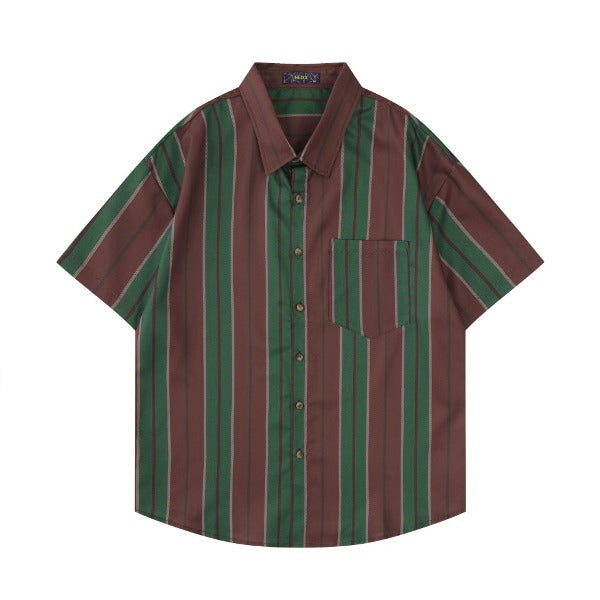 Gababa Unisex Color-block Vertical Stripe Oversized Collar Short-Sleeve Shirt G76903 (Plus Size M~2XL)