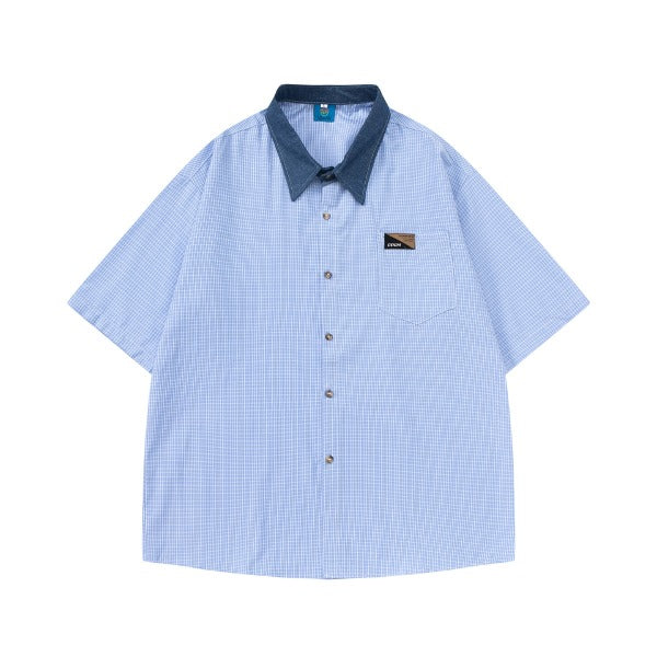 Gababa Unisex Optical Illusion Stripe Denim Collar Short-Sleeve Shirt G77143