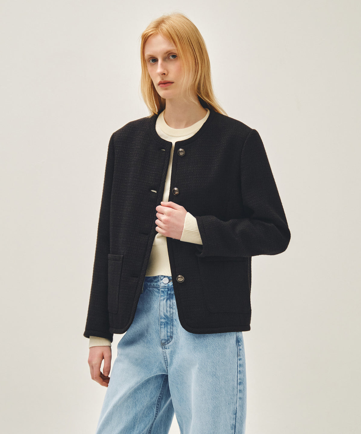 MARITHE W TWEED ROUND NECK JACKET black
