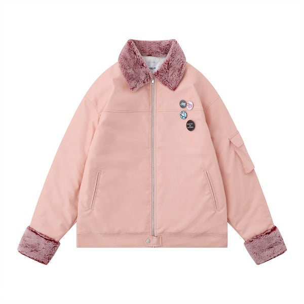 Gababa Unisex Cute Badge Point Oversized Leather Jacket with Warm Lining G78353 (Plus Size S ~ XL)