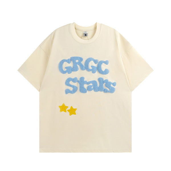 Gababa Unisex Colorblock Lettering Two Point Star Oversized Short Sleeve T-shirt G77058 (Plus Size S~XL)