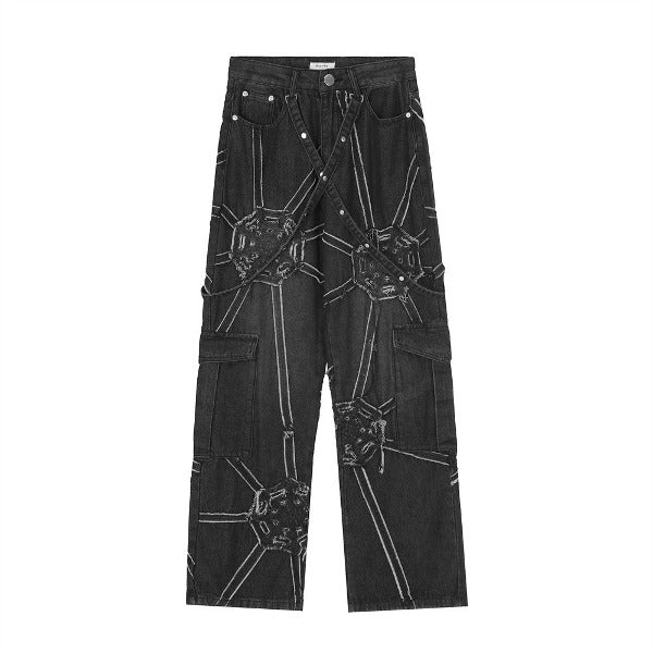 Gababa [Best Seller] Unisex Funky Hip Spiderweb Design Wide Straight Denim Pants G78231 (Plus Size S ~ 2XL)
