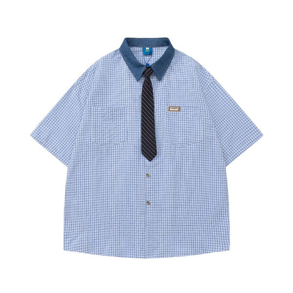 Gababa Unisex Checkered Denim Collar Tie Short-Sleeve Shirt G74823