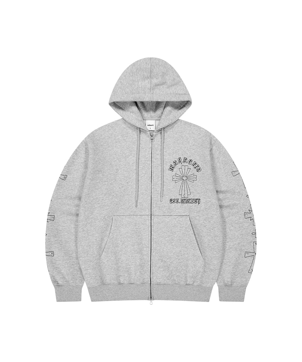 MAHAGRID CROSS STUD HOOD ZIP UP [GREY]