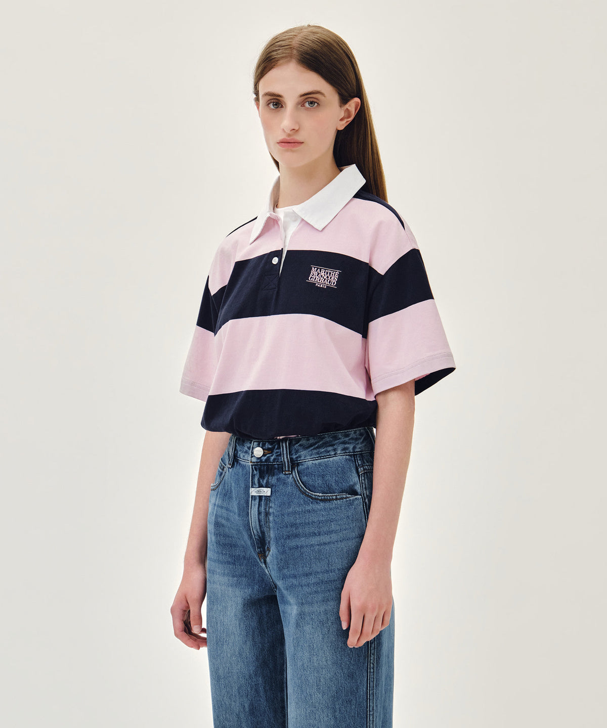 MARITHE [S size 7/10 Pre-order Shipping] SMALL CLASSIC LOGO RUGBY STRIPE OVERSIZED COLLAR TEE pink